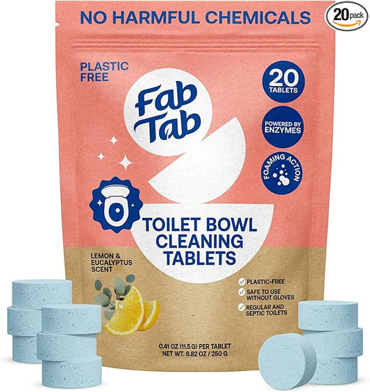 Fab Tab Toilet Cleaner Tablets for Bowl, Powerful Active Toilet Stain and Rust Removal, No Plastic or Harmful Chemicals, Safe for Regular and Septic Tanks, Lemon & Eucalyptus Scent - 20 Pack