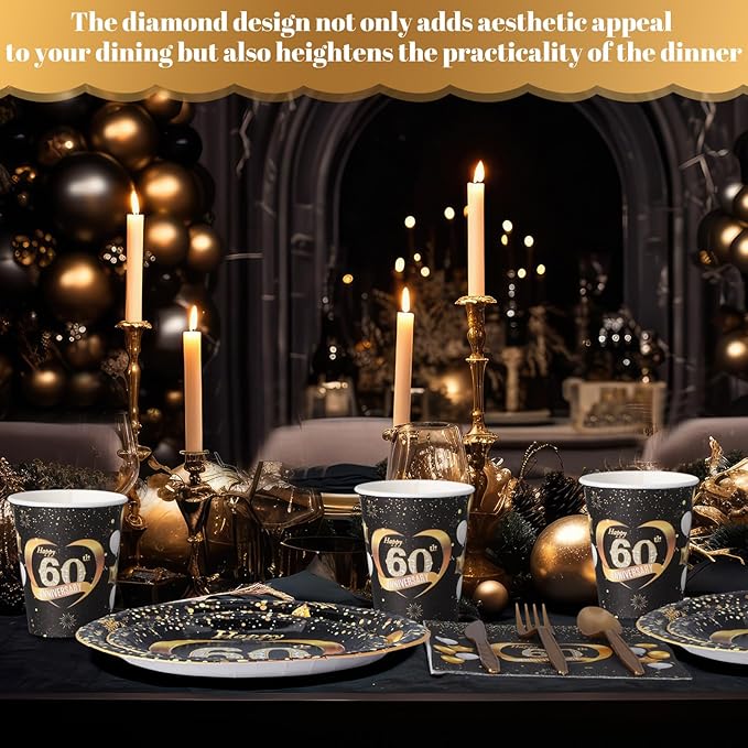 Pickmesh 400 Pcs 60th Wedding Anniversary Decorations Set, Includes 60th Anniversary Paper Plates and Napkins, Cups and Cutlery for Wedding Party Supplies, Serves 50 Guests