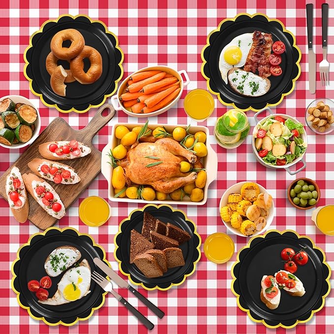 50 Pcs Black Paper Plates, 25 Pcs 9" and 25 Pcs 7" Disposable Halloween Scalloped Plates with Gold Foil for Graduation Wedding Baby Shower Birthday Party Picnic BBQ