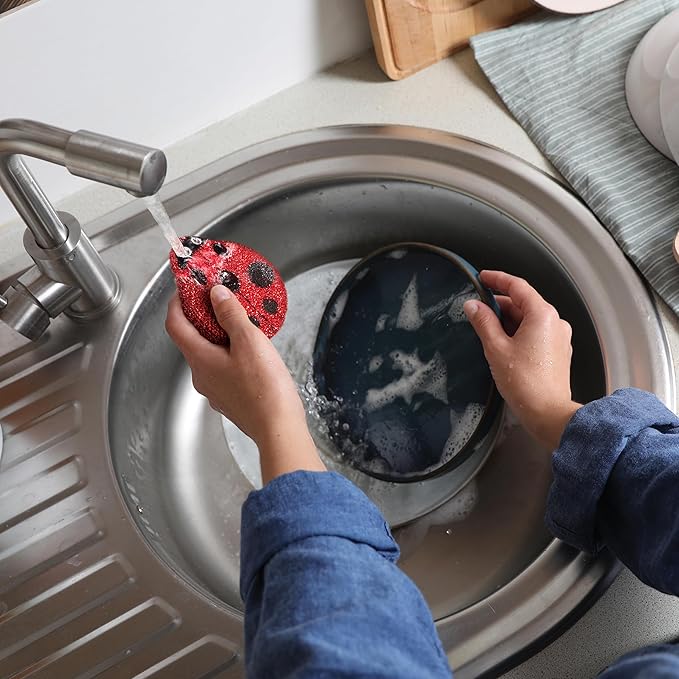 Genuine Fred Cleaning Ladies Ladybug Sponges, Set of 2 Scrubber Sponges, Gentle on Cookware, Tough on Grime, Corded Loop for Easy Drying, Fun and Functional Design, Great Gift