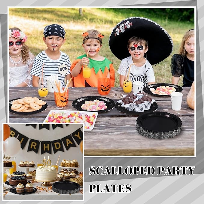 NatNarr 30 Pcs Black Paper Plates, 9 Inch Scalloped Disposable Black Graduation Plates Cute Dessert Dinner Plate for 2026 Grad Party, Wedding, Birthday, Picnic