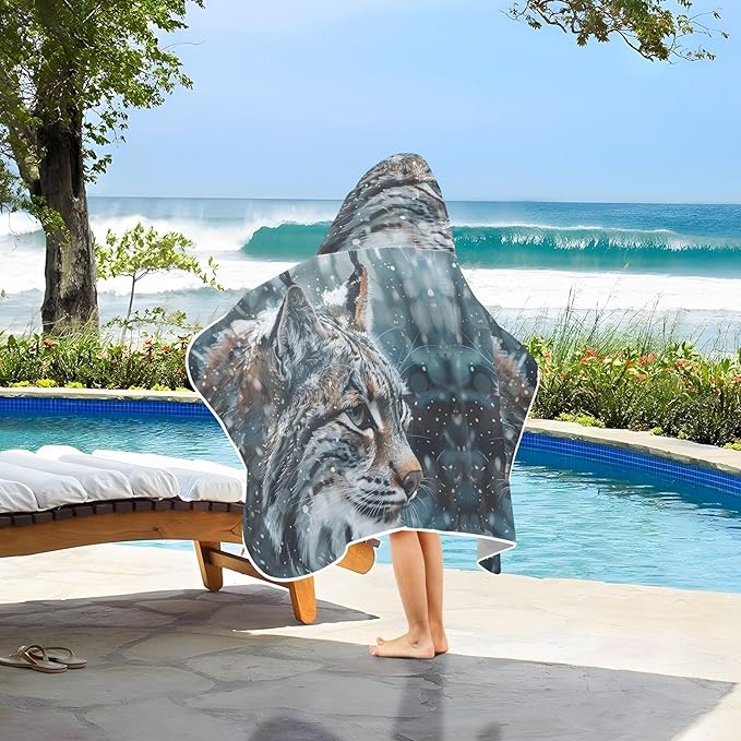 Hooded Towel for Kids Frosty Bobcat Stares Into The Snowy Forest Beach Wrap Bath Towels 50x23.5in