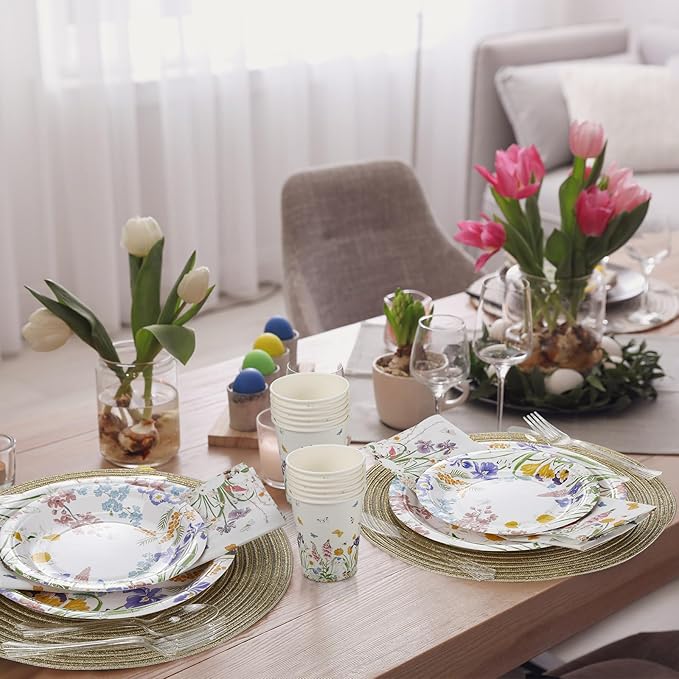 FillTouch 350 Pcs Floral Party Supplies Set Wildflower Disposable Paper Plates Flower Napkins Cups Knives Forks Spoons for 50 Guests Spring Summer Garden Tea Party Baby Shower Birthday