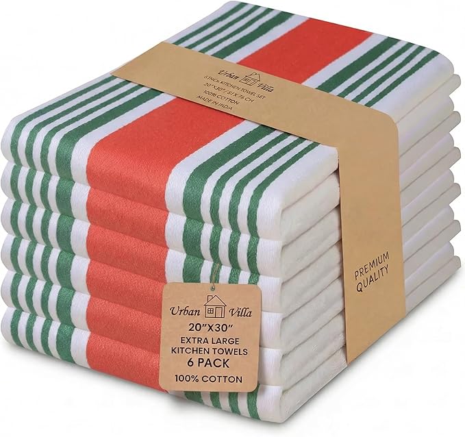 Urban Villa Kitchen Towels 100% Cotton Dish Towels for Kitchen (Set of 6) 20”x30” Dish Cloths Highly Absorbent Kitchen Linen Set with Hanging Loop Perfect for Drying Dishes Cleaning Towels- Christmas