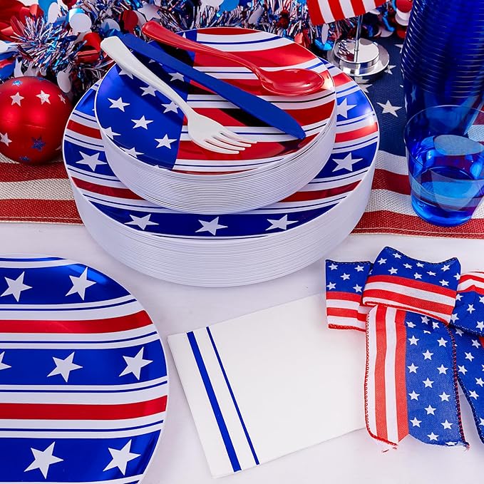 Festiva 175Pcs 4th of July Plates & Red White Blue Disposable Plastic Silverware &Clear Blue Cups-American Flag Patriotic Party Supplies for,4th of July&Memorial Day