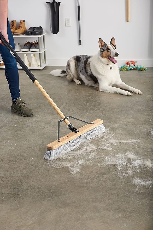 Harper 24 Inch Indoor Smooth-Surface Push Broom with Flagged Bristles for Sand, Saw Dust, Wood Shavings and Pet Hair in Garages, Warehouses, and Workshops