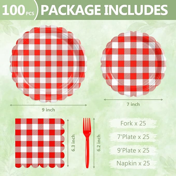 Mulbozy 100 Red Gingham Plates and Napkins Disposable Set Includes 25-9" & 25-7" Dessert Cake Scalloped Plates, Cocktail Napkins, Forks for for Holiday Party Supplies