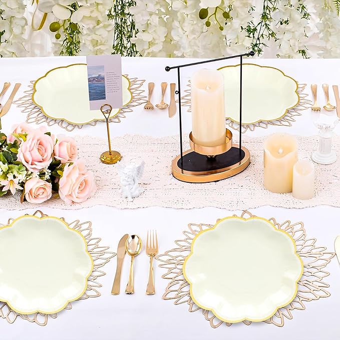 AimFun Beige Party Plates Cream Dessert Paper Plates 7inch Gold Foil Scalloped Edge Disposable Cake Plates for Tea Party Birthday Bridal Baby Shower Wedding Party Supplies (48, Beige)
