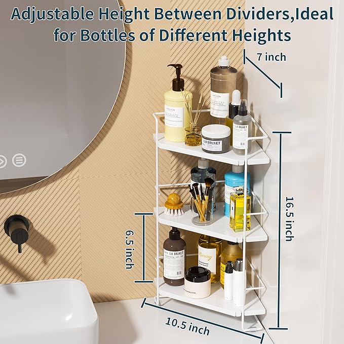 BOIVSHI 3-Tier Bathroom Countertop Organizer, Bathroom Organizers and Storage for Bathroom, Kitchen Counter, Corner Storage Shelf for Bedroom Storage Makeup Skincare Perfume (White)