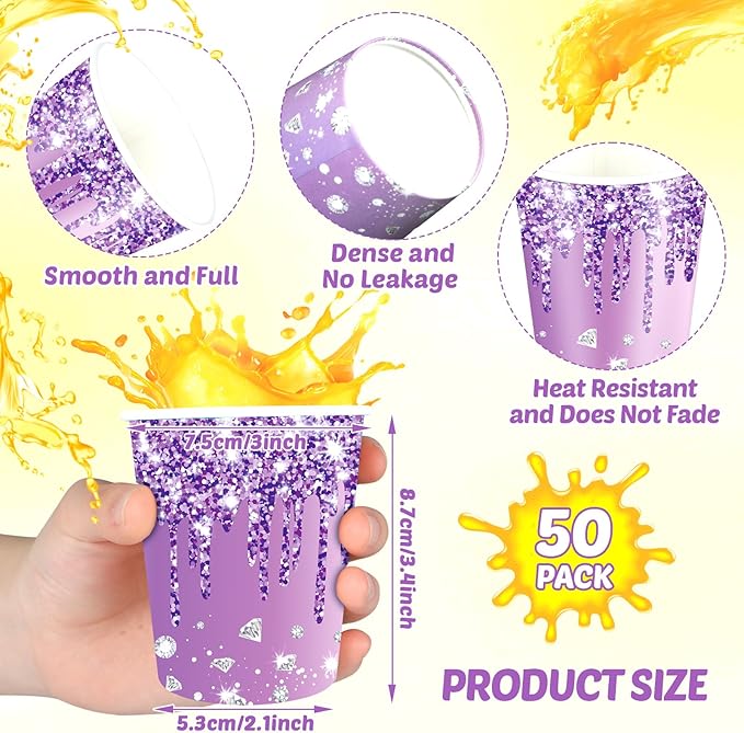 50pcs Purple Silver Birthday Party Paper Cups 9o Diamonds Purple Party Cups Supplies Purple Silver Theme Party Disposable Cups For Women Girls Birthday Wedding Baby Shower Party Favors Decorations