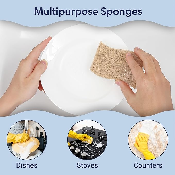 happimess WPE2000A-24SET Natural Plant Based Non-Scratch Sisal Hemp/Cellulose Scrubbing Dish Sponge, Cleaning Sponge for Dishes, Bathroom, Household, Beige/White (Set of 24)