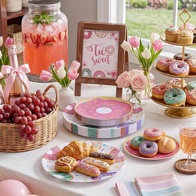 Liacere 32Pcs Donut Party Plastic Plates - Donut Birthday Party 7/10-Inch Dessert Plates Disposable Tableware Dinnerware for Two Sweet Girls' Birthday