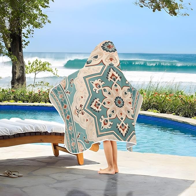 Hooded Towel for Kids Retro Blue Ethnic Floral Beach Wrap Bath Towels 50x23.5in