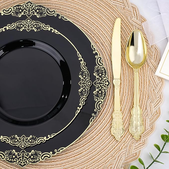 Realluck 350 PCS Black and Gold Plastic Plates, Plastic Dinnerware Set for 50 Guests, 100 Disposable Plates, 150 Silverwares, 50 Cups, 50 Napkins for Party, Wedding, Graduation