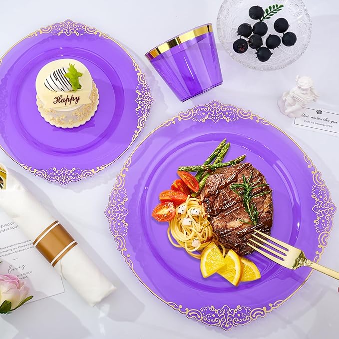 Bestluck 350 PCS Purple and Gold Plastic Plates, Disposable Dinnerware Set for 50 Guests, 100 Disposable Plates, 150 Silverwares, 50 Cups, 50 Napkins for Party, Wedding, Graduation