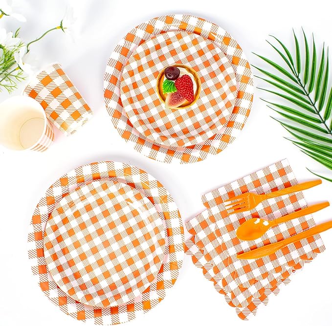 Vyntra Checkered Gingham Paper Plates and Napkins Set for 50" 9" Dinner Plates & 7" Dessert Plate, Birthday Party (Orange Gingham, 175 Pcs)