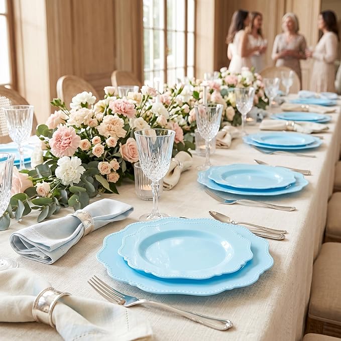COLOSUS 60Pcs Blue Plastic Plates, Light Baby Blue Party Plates, Heavy Duty 30 Dinner plate 10.5” and 30 Salad/Dessert Plate 8.25” for Easter day, Party,Dinner