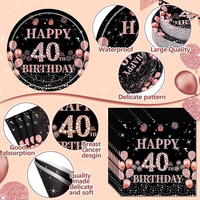 Pickmesh 400 Pcs 40th Birthday Decorations for Women, Includes 40th Birthday Plates, Napkins, Cups, and Cutlery for Party Favors, Cheer to 40 Year for Her, Serves 50 Guests