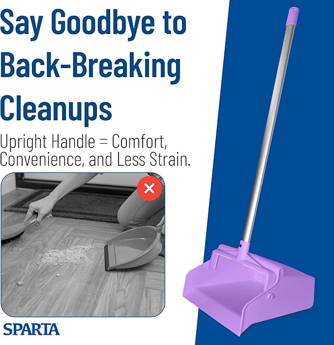 SPARTA Upright Dustpan with Aluminum Handle, Serrated Edge for Broom Combing, Secure Yoke Lock with Easy Storage Hanging Hole for Commercial Cleaning, Plastic, 30 Inches, Purple