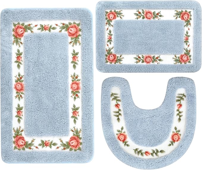 Drydiet 3 Pcs Rose Flowers Bathroom Rugs Set Coquette Room Decor Floral Carpet for Bathroom Bedroom Living Room, Floral Bath Mat Non Skid Romantic Rose Flower Area Rugs 3 Shapes(Blue,Small)