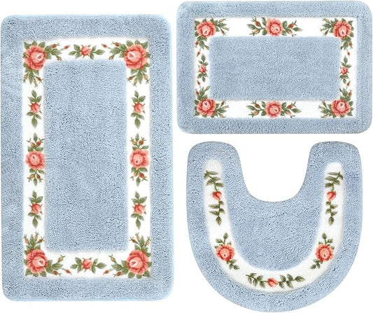 Drydiet 3 Pcs Rose Flowers Bathroom Rugs Set Coquette Room Decor Floral Carpet for Bathroom Bedroom Living Room, Floral Bath Mat Non Skid Romantic Rose Flower Area Rugs 3 Shapes(Blue,Small)