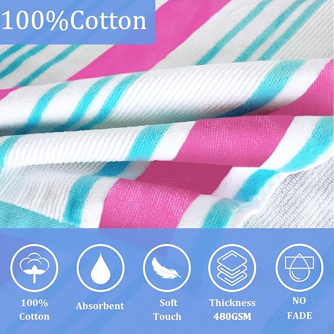 VOOVA & MOVAS Hooded Bath Towels for Big Kids (8-16Years), 100% Cotton Absorbent Thick Poncho Towel for Teens, Perfect for Pool, Beach, Bath, Pink Blue White Stripe
