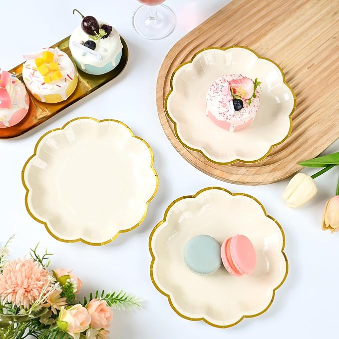 AimFun 24 Pcs Beige Party Plates Cream Dessert Paper Plates 7inch Gold Foil Scalloped Edge Disposable Cake Plates for Birthday Bridal Baby Shower Wedding Party Supplies