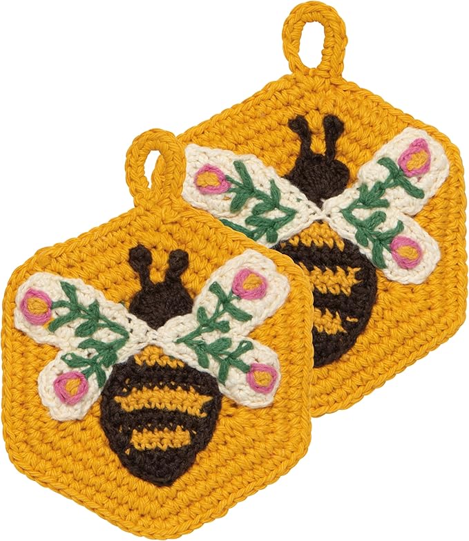 Now Designs Bee Garden Crochet Sponges Set of 2, Hand-Crocheted 100% Cotton, W4 x L4in, Artisanal Kitchen Scrubbing Sponges