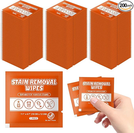 Stain Remover Wet Wipes Bulk, Individual Wrapped Clothes Portable Travel Messy Eater Cleaning Laundry Stain Removal Wipes Pocket Size for Clothing Fabric/Shoes/Wine/Fast Food 7.1 x 4.7 Inch(Orange200)