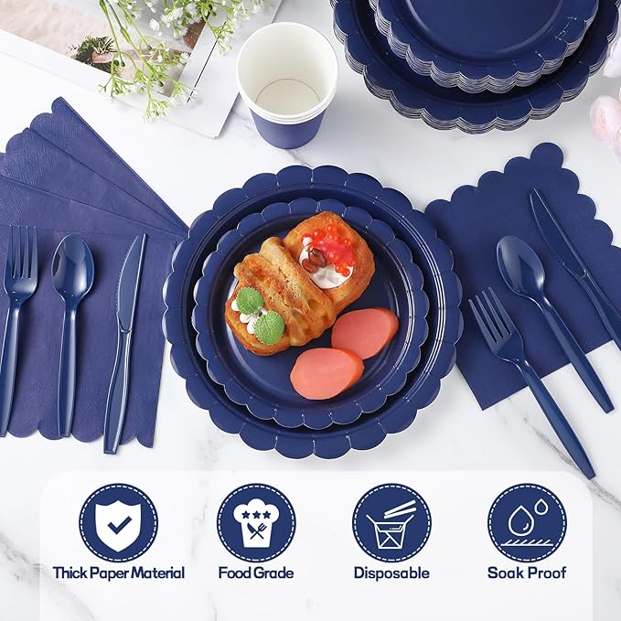 175 Pcs Navy Blue Plates and Napkins, 25 Guest Navy Blue Graduation Party Supplies Includes Scalloped Plates Napkins Cups Plastic Cutlery for 2026 Graduation, Birthday, Wedding, Picnic