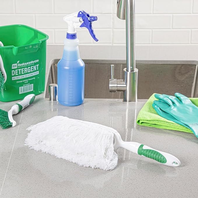 Restaurantware Duster 50 Pack of 13.7 x 2.1 x 2.5 Inch Cotton Duster Washable Multipurpose Cleaning Tool Non-Slip Handle Green and White Dust Remover Tool