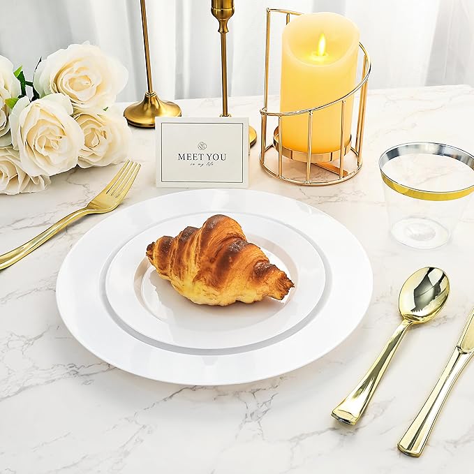 BESTVIP 100PCS 7 Inch White Plastic Dessert Plates, Disposable Plate for Appetizers, Small Cakes, Small Heavy Duty Disposable Plastic Plates for Parties, Wedding and Birthday