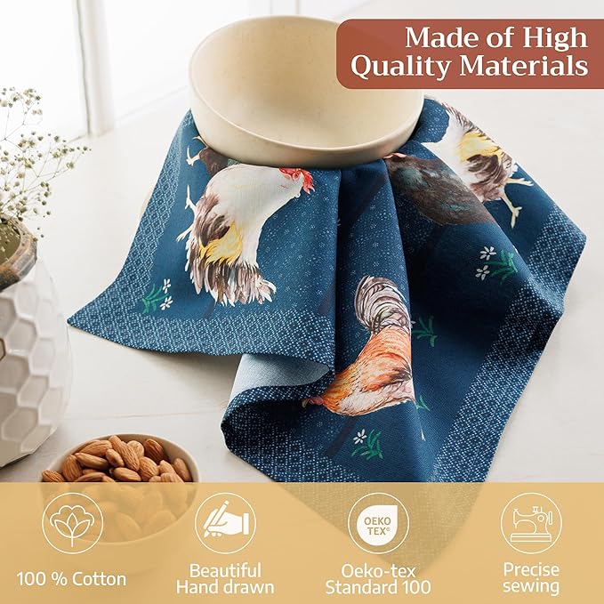 Maison d' Hermine 100% Cotton Cloth Napkins Set of 4 Everyday Reusable Square Napkins Cloth Washable Dinner Party Wedding Restaurant Hotel Kitchen Spring Summer (Meadow Rooster, 18" x 18")