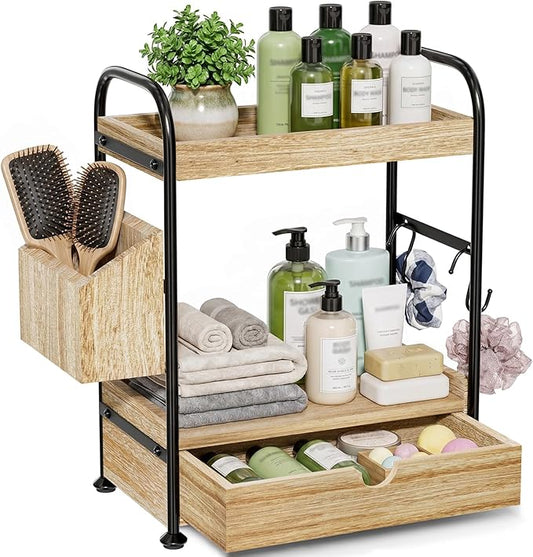 Kottwca 2-Tier Bathroom Counter Organizer with Drawer, Wooden Vanity Skincare Storage Shelf with Thickened Metal Frame, Countertop Shelf with Basket & Hooks for Makeup Organization,Light Brown