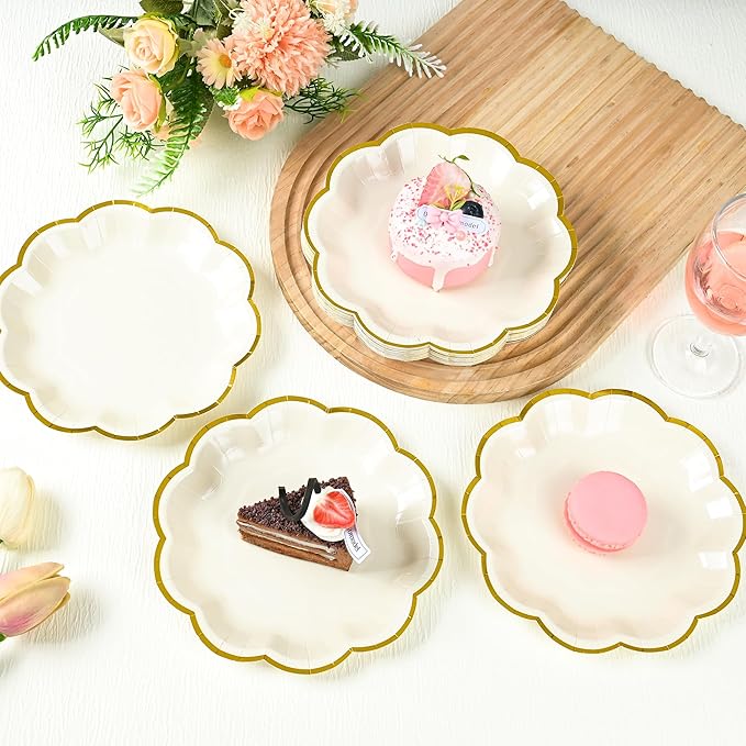 AimFun Beige Party Plates Cream Dessert Paper Plates 7inch Gold Foil Scalloped Edge Disposable Cake Plates for Tea Party Birthday Bridal Baby Shower Wedding Party Supplies (48, Beige)