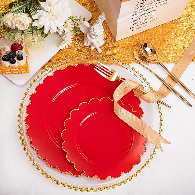LIYH 60 Pcs Red Plastic Plates Disposable with Gold Edge Scalloped Red Gold Disposable Plates Includes 30 Dessert & 30 Dinner Plate Dishes Tableware for Party Memorial Day,Independence Day