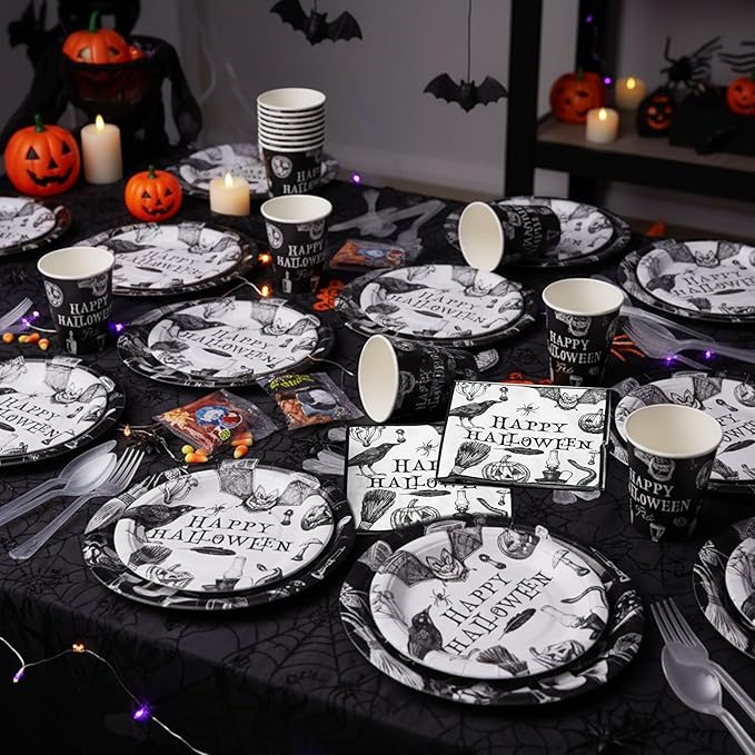FillTouch 350 Pcs Happy Halloween Party Favor Vintage Halloween Decoration Disposable Tableware for 50 Guests 100 Pumpkin Skull Plates 50 Crows Bats Napkins 50 Cups 50 Sets Knives Fork Spoon