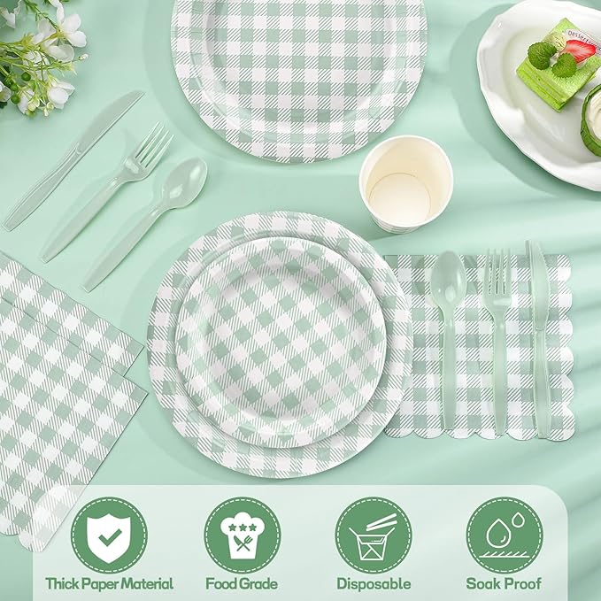 NatNarr 175 Pcs Sage Green Gingham Party Supplies Include Green Plates and Napkins Disposable Checkered Dinnerware Set for Baby Bridal Shower, Wedding, Birthday, Picnic