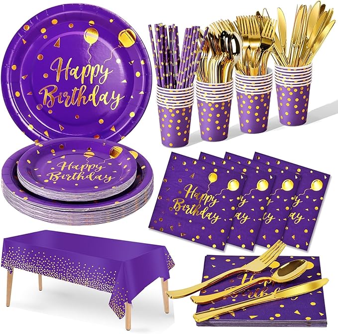 Nkaiso Birthday Party Tableware, 161 Pieces Purple Gold Party Supplies, Dinnerware Sets Include Paper Plates Napkins Cups Silverware, for Shower Engagement Parties Decoration -20 Serves
