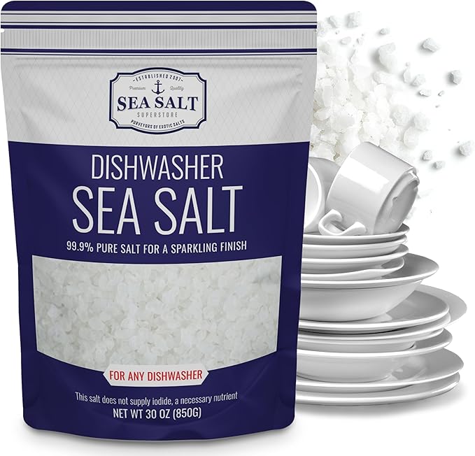Dishwasher Salt, Natural Water Softener, Food Grade Coarse Sea Salt Compatible with Miele, Thermador, Whirlpool, & Bosch Dishwasher, 30 oz Bag