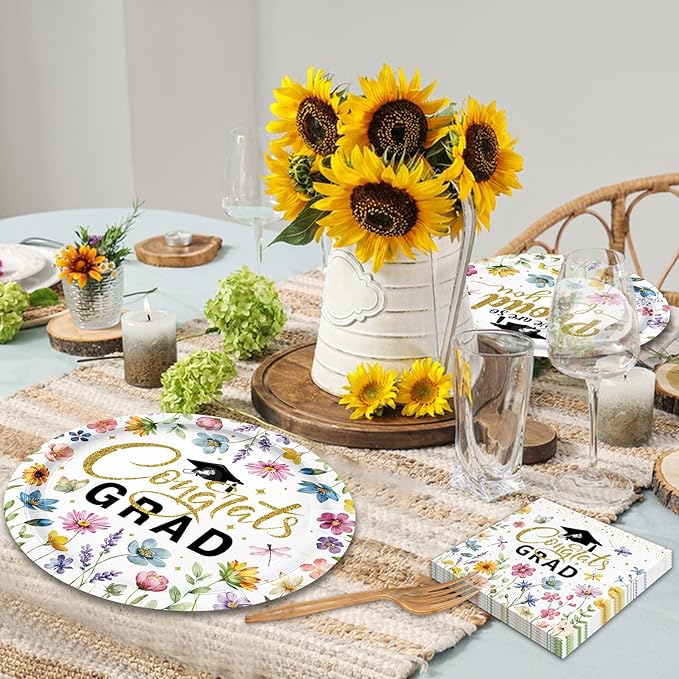 100 Pieces Graduation Party Tableware Set – Congrats Grad Floral Plates, Napkins and Forks, Wildflower Disposable Dinnerware for Class of 2026 Graduation Party Supplies