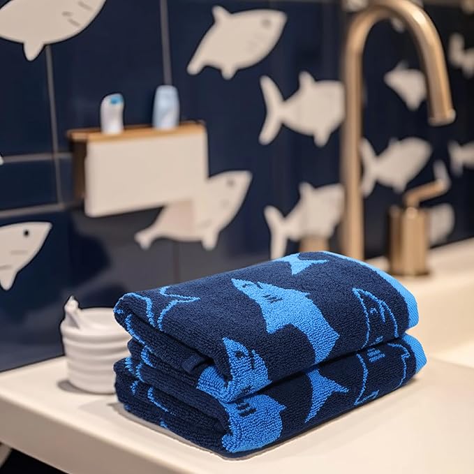 ORIGINAL KIDS 6 Piece Towel Set - Bath Time Shark Attack- 2 Bath Towels, 2 Hand Towels, 2 Washcloths - 100% Cotton Jacquard Soft Absorbent Quick Dry Pool Beach Towel Gift - Navy Blue
