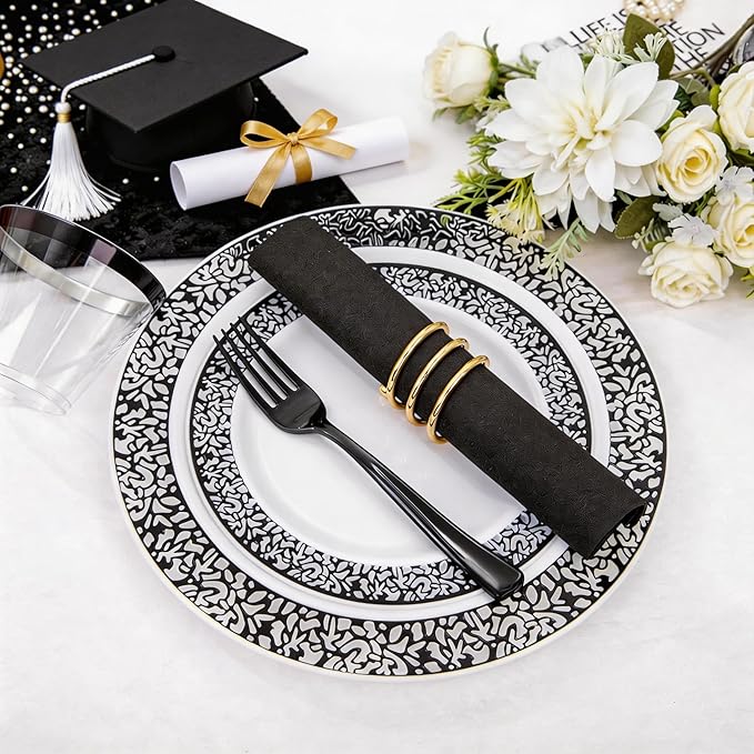 WELLIFE 350Pcs Black Plastic Dinnerware and Napkins Party Supplies Include:50 Dinner Plates, 50 Dessert Plates, 50 Napkins, 50 Cups and 50 Plastic Cutlery
