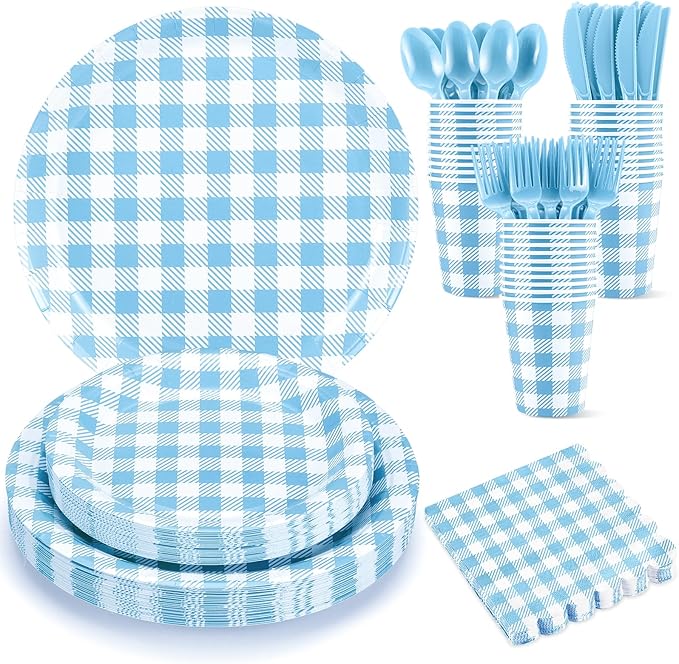 NatNarr 175 Pcs Gingham Paper Plates, Boy Baby Shower Decorations Include Blue Gingham Plates and Napkins Cups Disposable Blue Dinnerware for Picnic, Wedding, Birthday