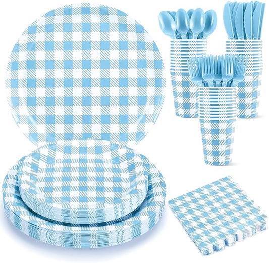 NatNarr 175 Pcs Gingham Paper Plates, Boy Baby Shower Decorations Include Blue Gingham Plates and Napkins Cups Disposable Blue Dinnerware for Picnic, Wedding, Birthday