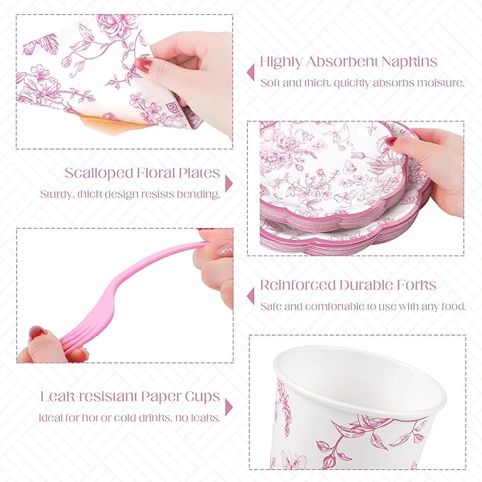 Kochorie 144 Pieces Pink Floral Paper Plates and Napkins Party Supplies, Pink and White Flower Tableware Set Include Vintage Scalloped Plates Napkins Cups Forks for Wedding Birthday Tea Party