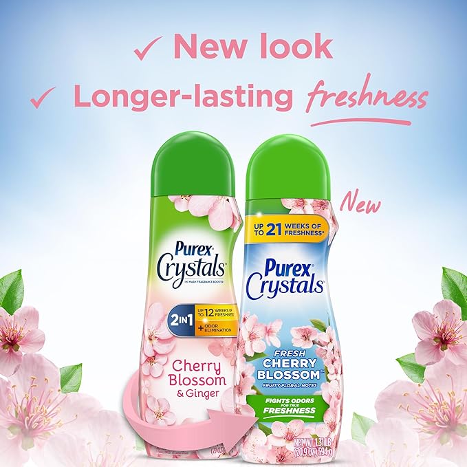 Purex Crystals In-Wash Scent Booster, Fresh Cherry Blossom, 21 oz (Pack of 4), Long-Lasting Freshness & Odor Elimination Technology