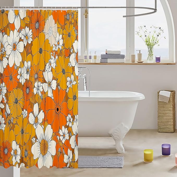 Boho Floral Bathroom Curtain 72"Wx84"L,Retro 1960S 1970S Groovy Flower Bath Curtain for Kid Boys Girls Teens,Orange Boho Hippie Psychedelic Shower Curtain Botanical Blossom Bathroom Decor Set