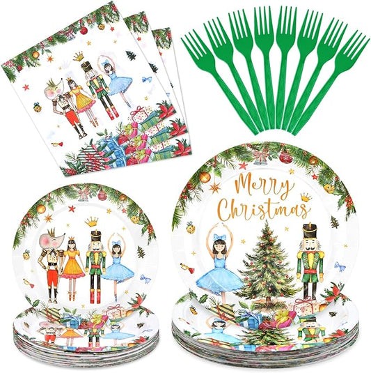 96 Pieces Christmas Ballet Party Tableware Set – Festive Disposable Dinnerware with Paper Plates, Napkins, and Plastic Forks – Winter Fairy Tale Theme for Christmas Birthdays Parties – Serves 24
