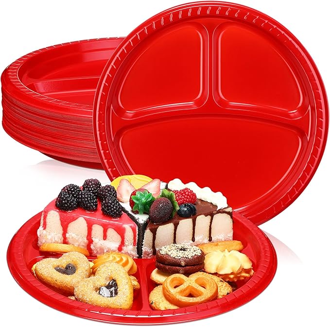 Teenyyou 50 Pcs 10 Inch Plastic 3 Compartment Divided Plates Heavy Disposable Plates Duty Round Dinner Plates with Dividers for Wedding Birthday Party Dinnerware(Red)